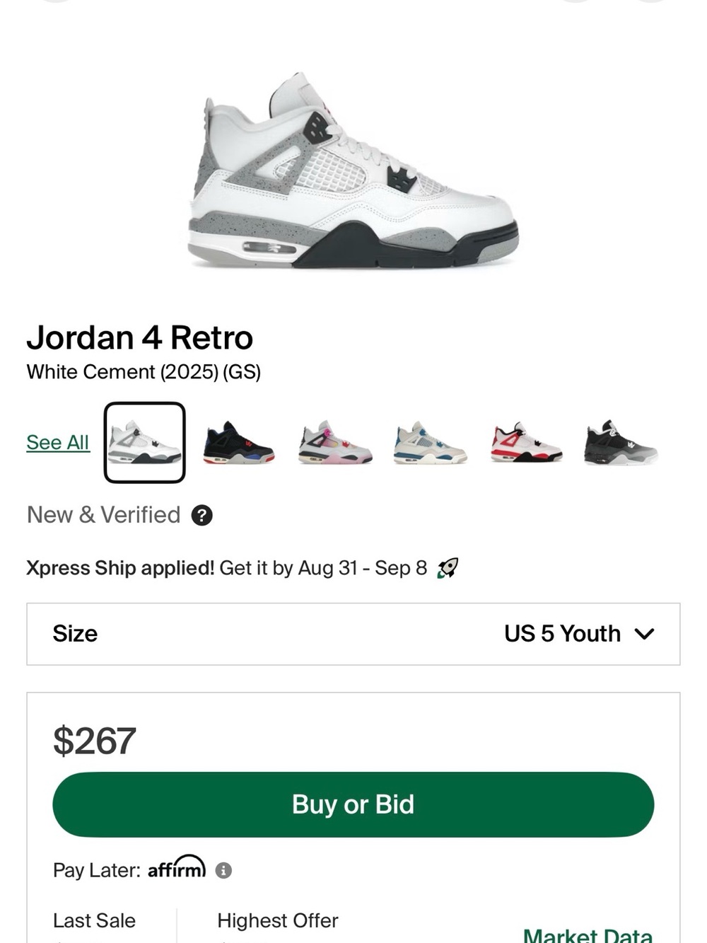 🤍 Air Jordan 4 Retro White Cement 2025 GS – Size 5Y